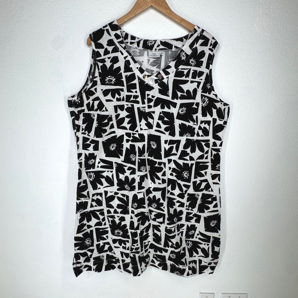 Hot Cotton Abstract Floral Sleeveless Tunic Shift Dress XL Black White Lagenlook